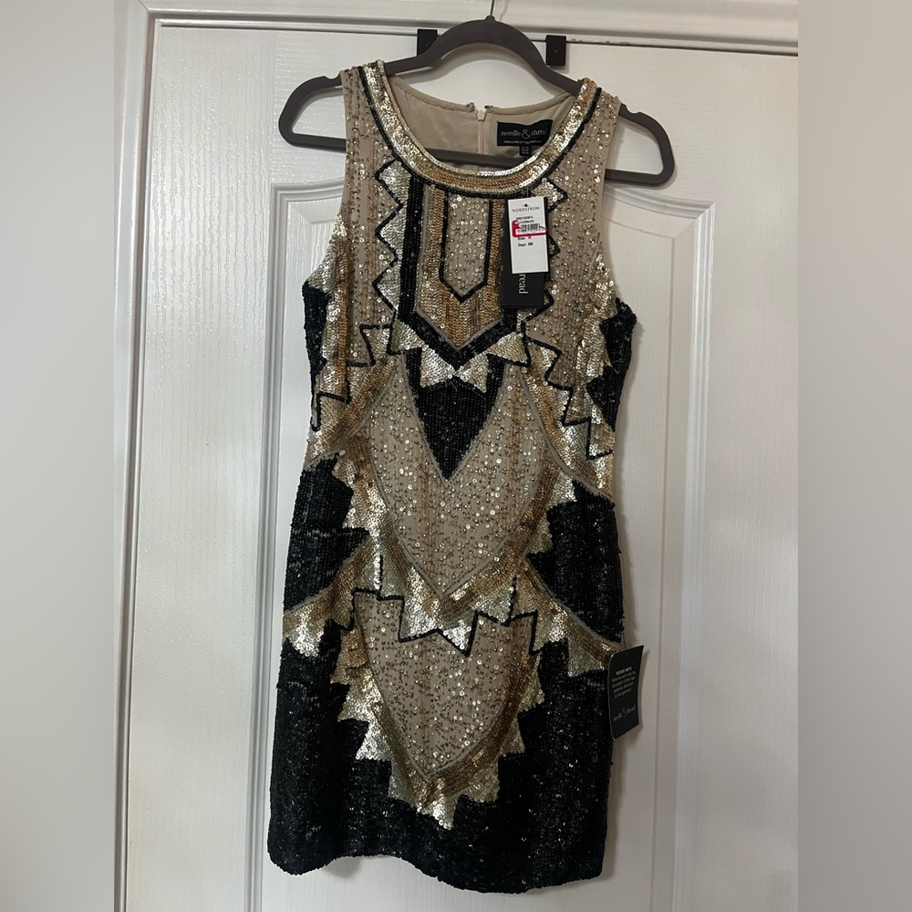 Needle & Thread Black and Gold Beaded Mini Dress